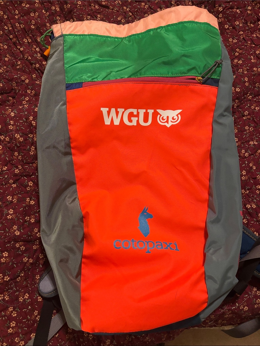 cotopaxi Bright Orange & Green Colorblock Backpack with Gray Panels